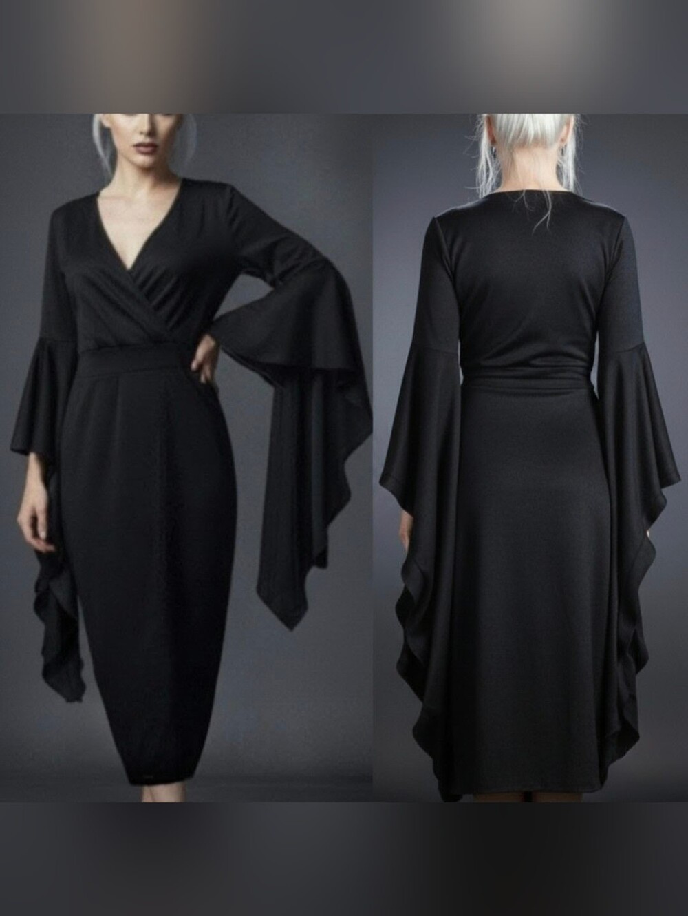 Vtg Quum black Morticia Adams plunging neckline extreme bat wing midi dress 2X